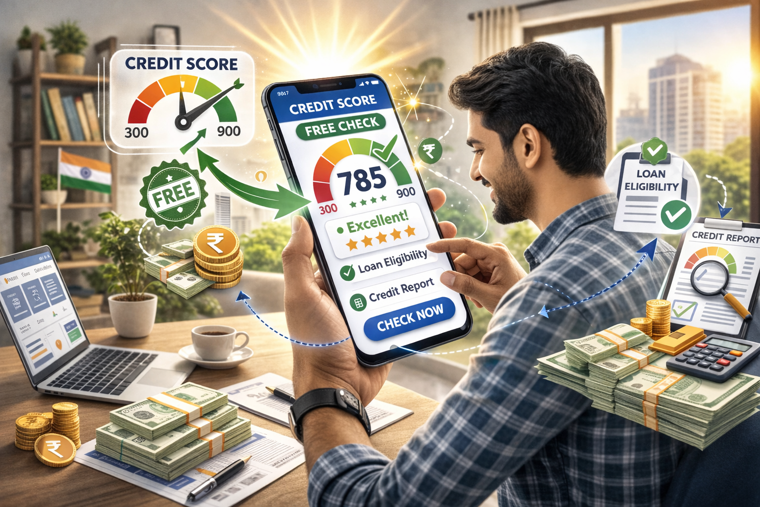 Indian user checking credit score for free on mobile finance app